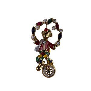 ARS Vintage Multicolor Gold Tone Clown Brooch With Rhinestones & Enamel